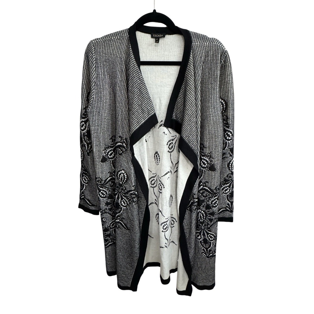 Escada Black and White Knit Open Front Embroidered Cardigan Size M